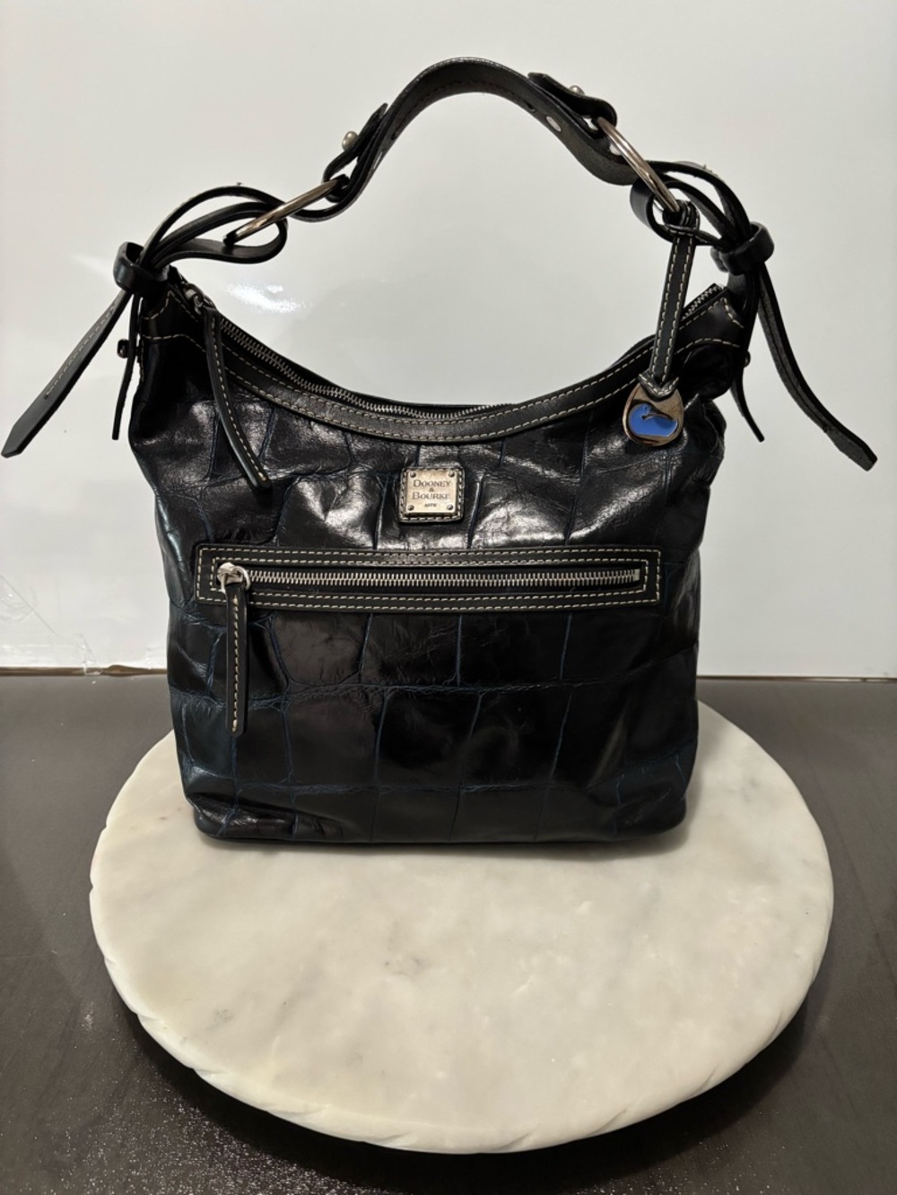 Dooney & Bourke Black Croc Embossed Hobo Shoulder Bag Crocodile Silver Hardware